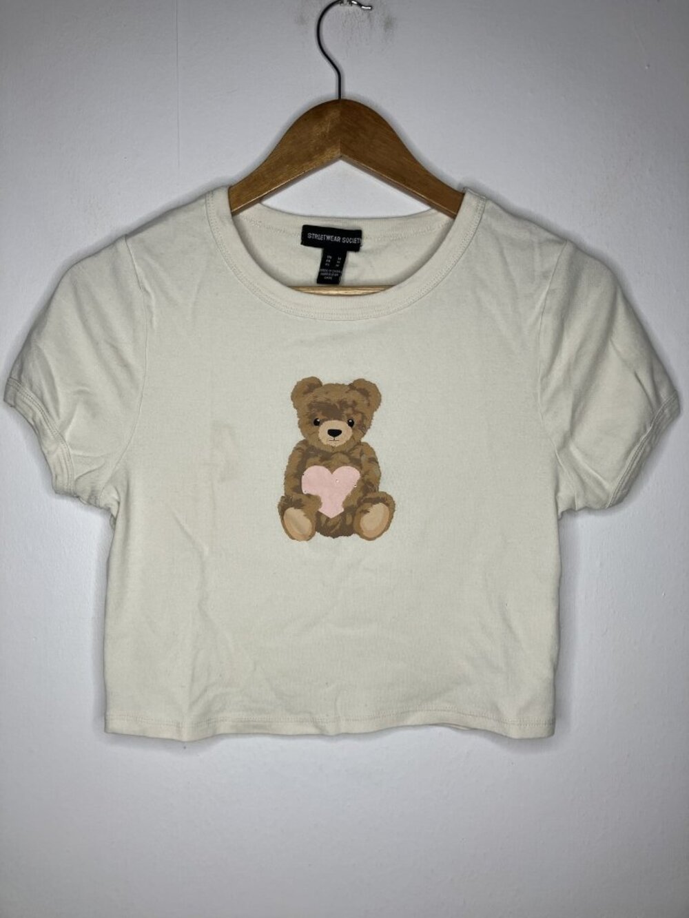 Streetwear Society Women's Cream Teddy Bear Heart Rhinestone Crop Top T-Shirt